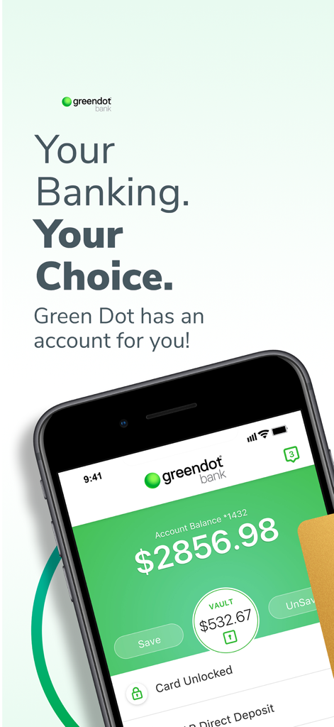 Tela inicial do aplicativo Green Dot mobile banking mostrando saldo da conta e poupança 'vault' em um smartphone