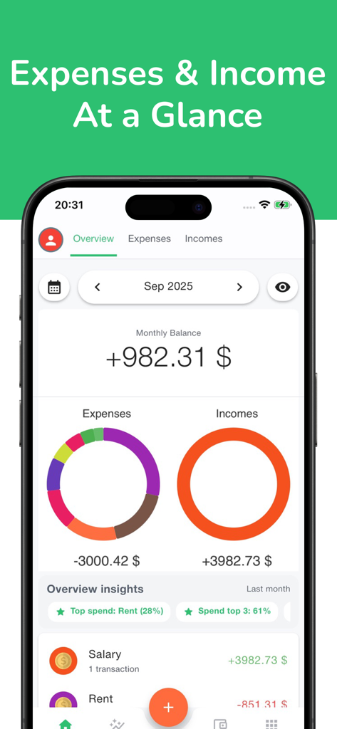 Budget Buddy: Expense Manager - Budget Buddy app dashboard showing monthly balance and visual charts for income and expenses