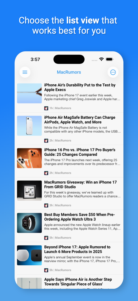 Newsify app displaying a customizable list view of MacRumors tech news articles on an iPhone