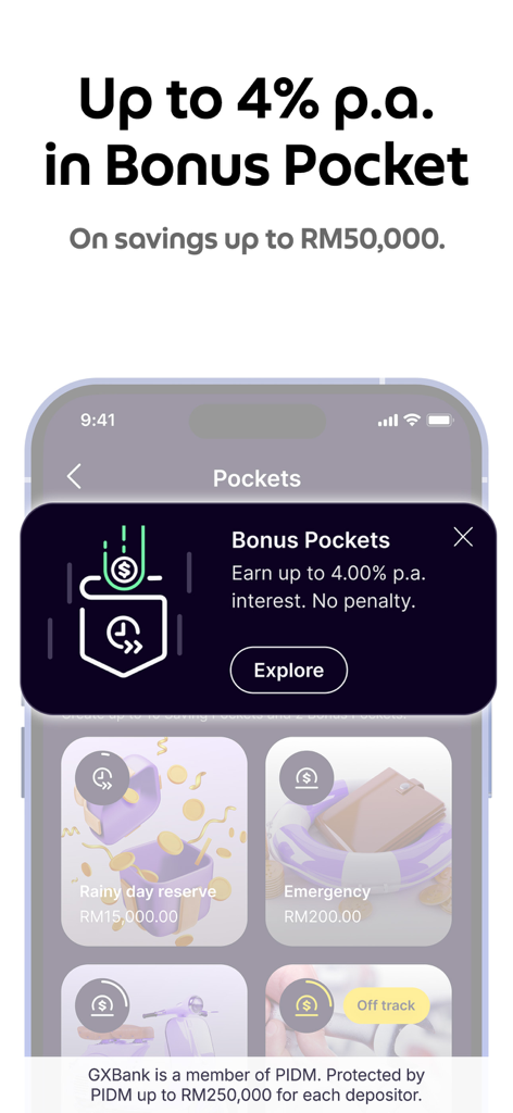 GXBank - GXBank mobile app screen showing high interest savings with bonus pockets.