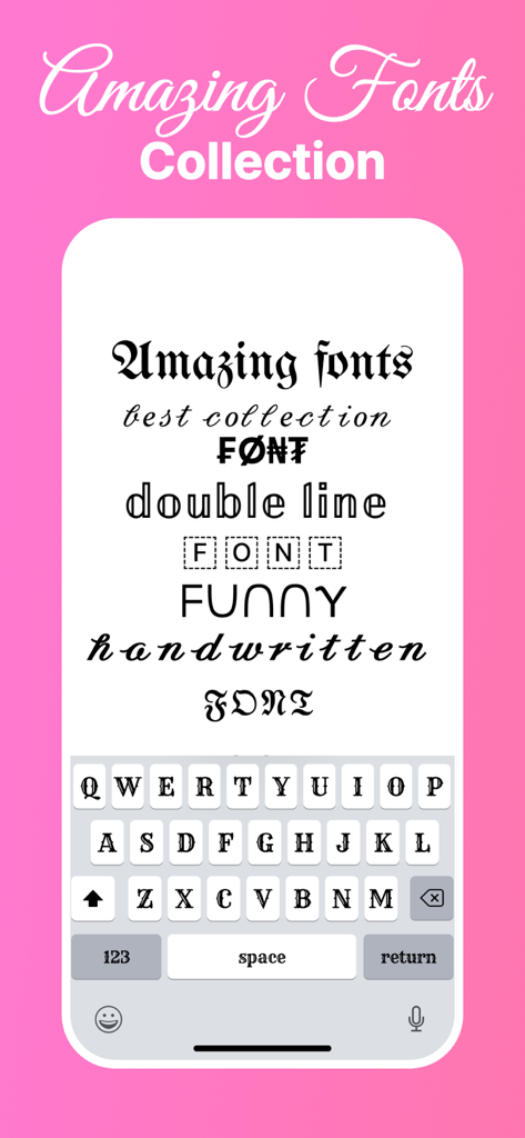 A selection of decorative font styles and a custom keyboard on a pink background