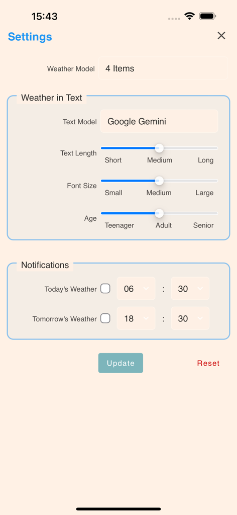 AI Weather (WITAL) - WITAL AI天気アプリの設定画面、AIテキストモデル、フォントサイズ、通知スケジューリングのオプションを表示