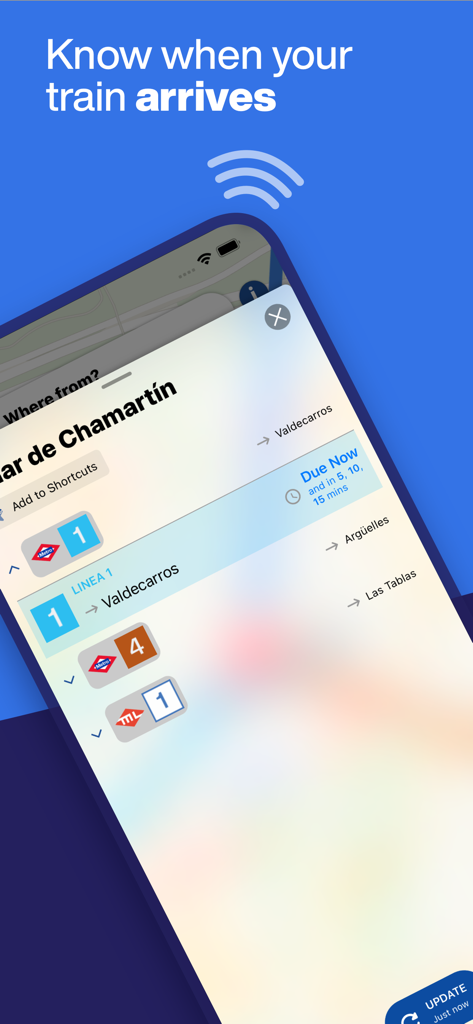 Pantalla de la app Madrid Metro que muestra información de llegada de trenes en tiempo real para la Línea 1.