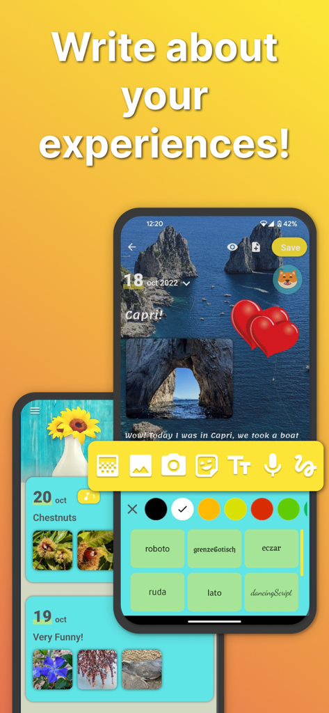 My Secret Diary - Journal - Interface do aplicativo de diário digital mostrando uma entrada de viagem com fotos, adesivos e ferramentas de personalização de texto