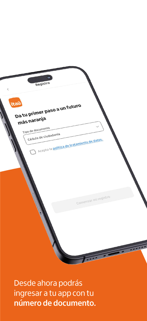 Itaú Colombia mobile app registration screen showing document type selection for login