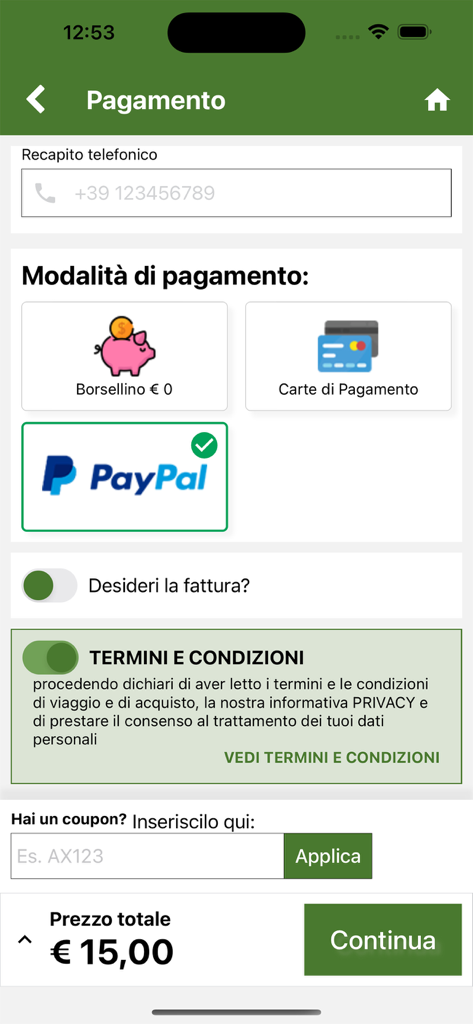 Zahlungs-Checkout-Bildschirm in der Cortina Express App mit Anzeige von PayPal und Kreditkarten-Zahlungsoptionen.