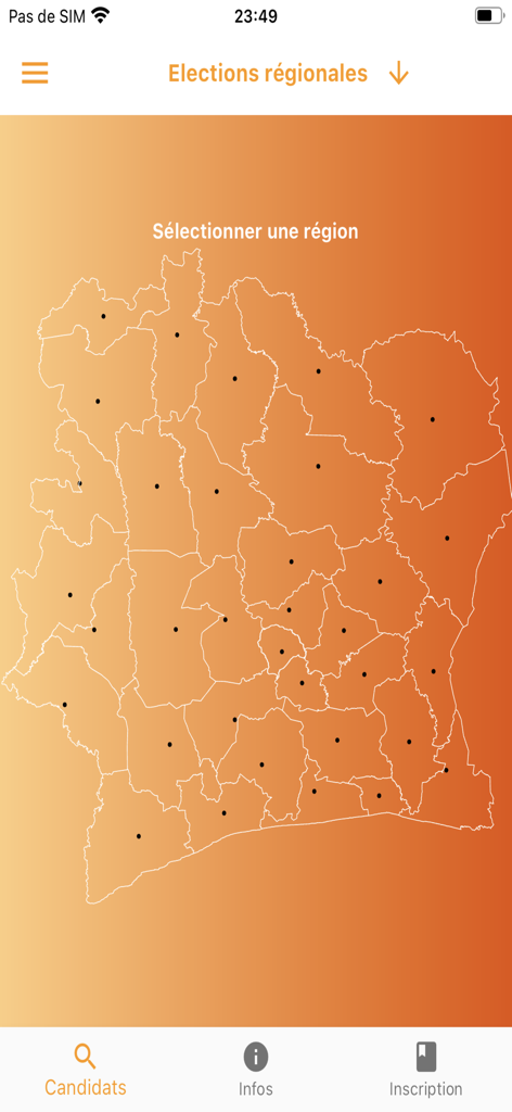 Mobile app screen showing a map of Ivory Coast regions for electoral selection