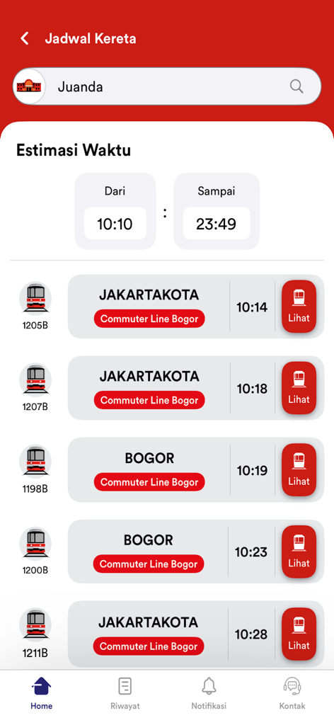 Interface of the C-Access app showing real-time train schedules for the Commuter Line Bogor at Juanda station.