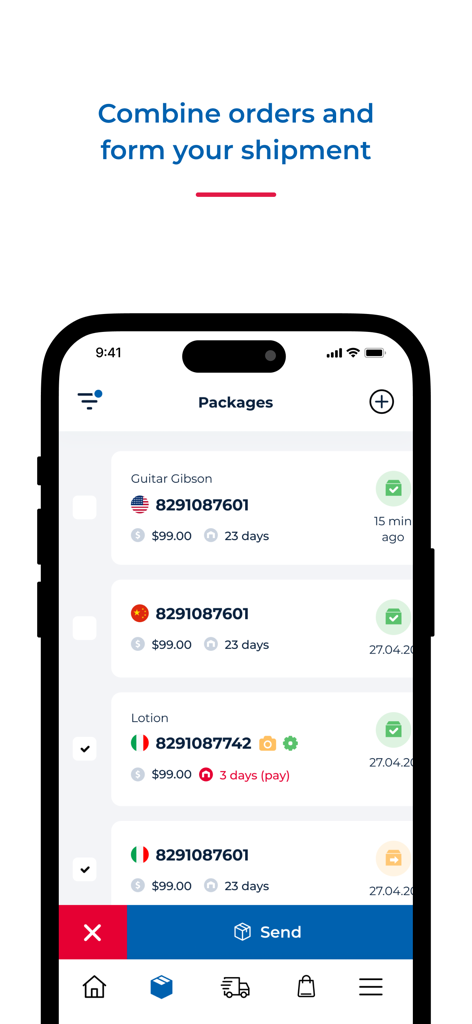 Meest Shopping app interface showing a list of incoming packages from different countries being selected for consolidation and shipment.