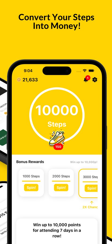 Money Bunny: Step Counter&Earn - Interfaz de la aplicación Money Bunny que muestra un recuento de 10000 pasos y recompensas de bonificación diarias