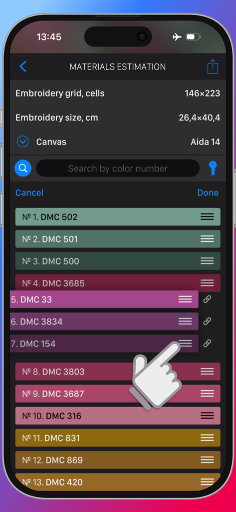 Cross Stitch Saga app showing the materials estimation screen with a list of DMC embroidery floss colors
