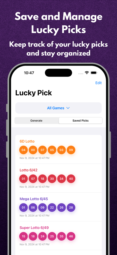 A mobile screen showing saved lucky pick numbers for various Philippine PCSO lottery games like 6D Lotto and Mega Lotto 6/45.