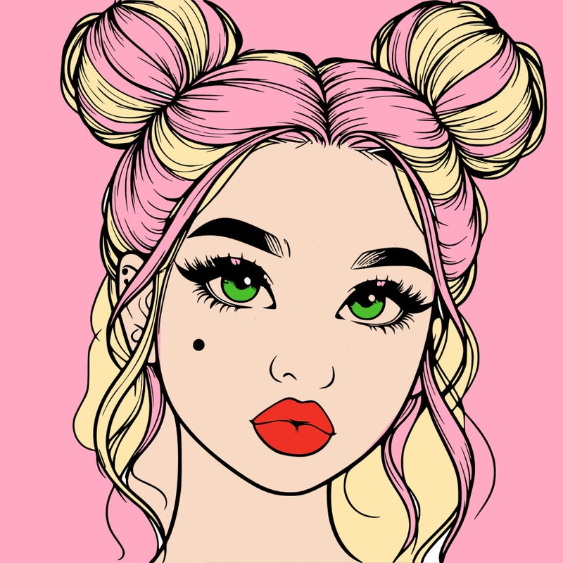 realistic girl with two buns on her hair and lips