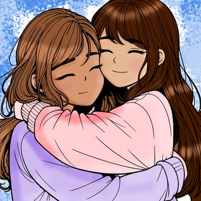 realistic two girls hugging