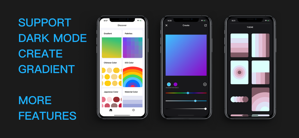 UTool-Gradient Palettes Colors - UToolアプリのスクリーンショットが、グラデーション作成とダークモードでの伝統的なカラーパレットを表示