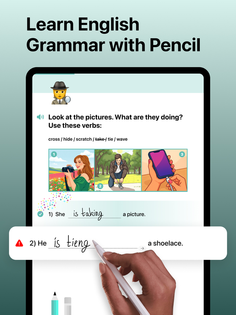 Inkly – Learn English Grammar - User handwriting English grammar answers on an iPad using an Apple Pencil