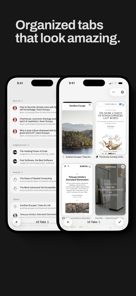 Quiche Browser - Interface of Quiche Browser showing organized tab groups and a visual tab grid on iPhone