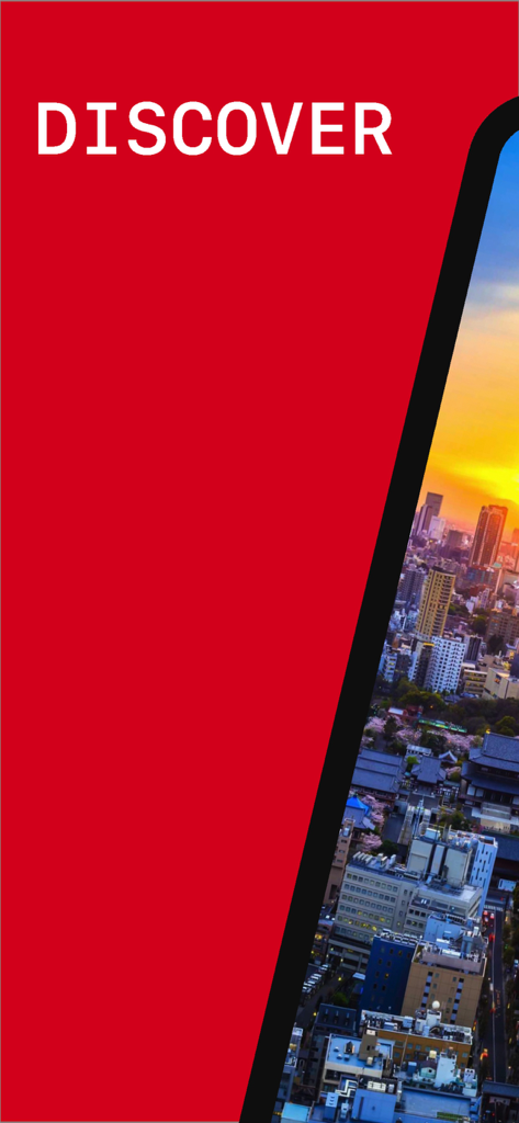 Tokyo Travel Guide . - 도쿄의 도시 풍경을 배경으로 DISCOVER라는 단어가 빨간색으로 표시된 도쿄 여행 가이드 앱 홍보 화면.