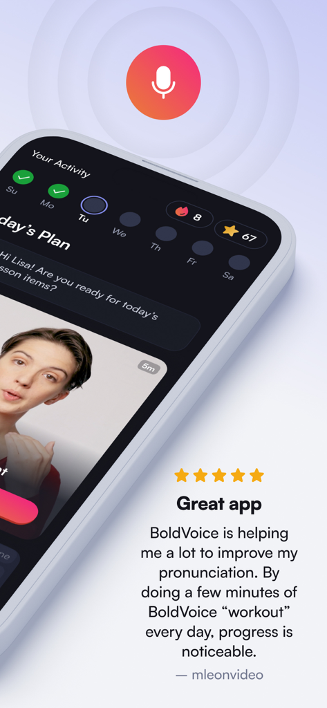 BoldVoice: Accent Training - BoldVoice app interface displaying an activity tracker and a five-star user review about pronunciation progress.