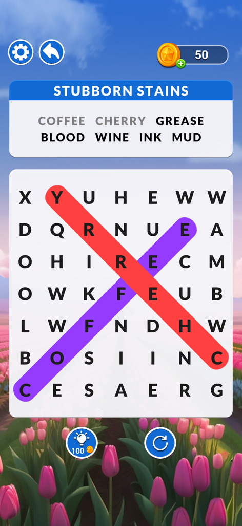 Word Search Puzzle - Scenery - Interfaz de juego de sopa de letras móvil con un tema de manchas rebeldes y un fondo de tulipanes rosados bajo un cielo azul.