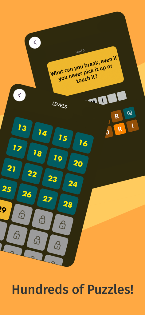 Just Riddles Puzzles - Just Riddles Puzzles app screenshot showing a grid of levels and a brain teaser riddle challenge