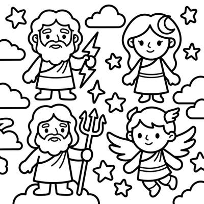 Dive into a mythical world with this adorable coloring page featuring popular gods and goddesses. Designed with thick outlines and simple shapes, it's perfect for toddlers to explore their creativity and develop fine motor skills.