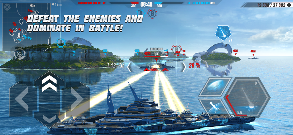 Pacific Warships: War Shooter - Futuristic warship firing lasers at enemy vessels in a naval battle arena