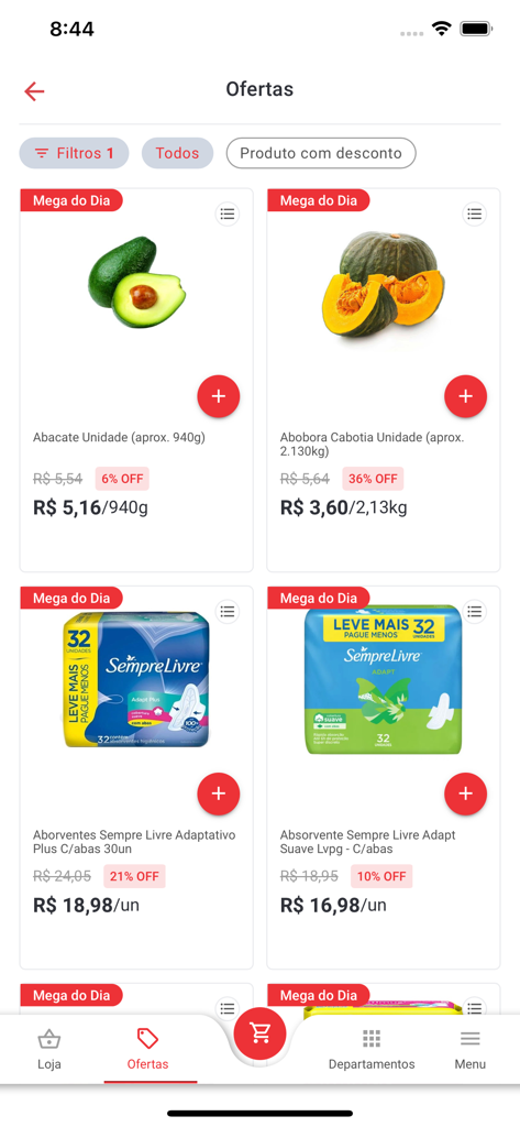 Mega em casa - Mobile app interface of Mega em casa showing daily deals on fresh produce and household items with discount tags