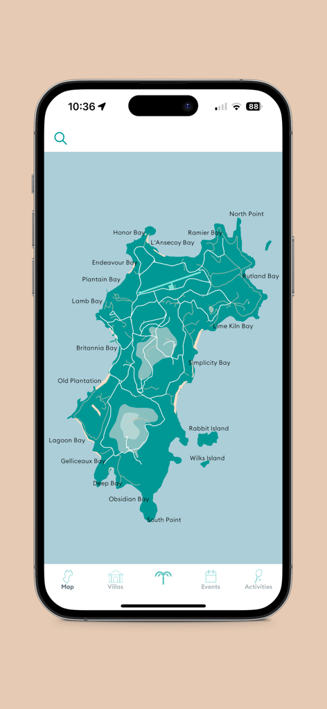 Mapa de la isla Mustique habilitado para GPS que muestra playas y bahías en una interfaz de aplicación móvil.
