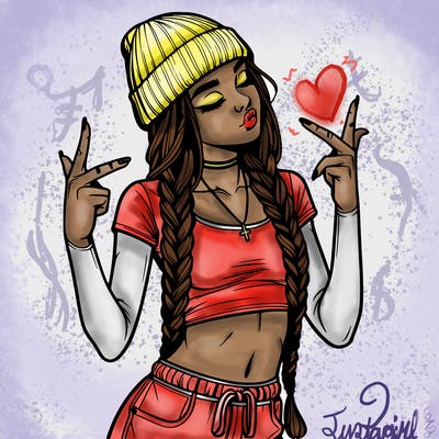 realistic teenage girl with braids and a beanie and crop top doing 🫶🏼