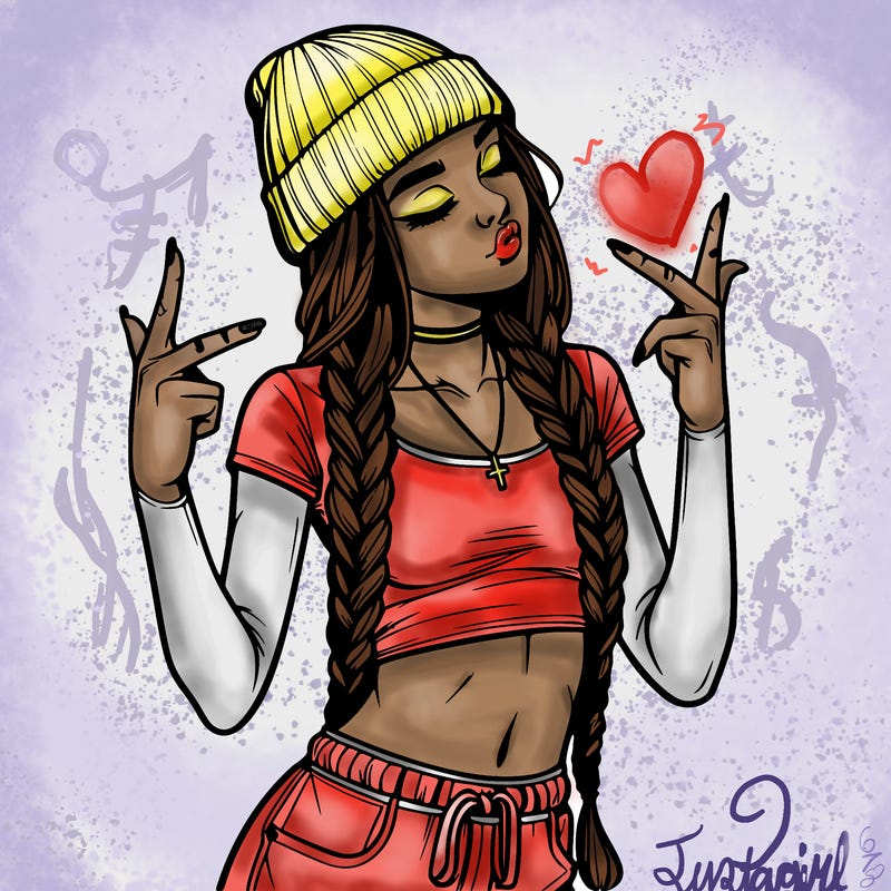 realistic teenage girl with braids and a beanie and crop top doing 🫶🏼