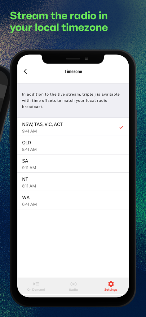 triple j - Der triple j App-Bildschirm zur Auswahl einer lokalen Radiozeitzone.