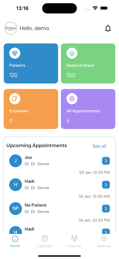 Startbildschirm der iClinics-App mit Patientenzahl, Bilanz, Ausgaben und Liste der anstehenden Termine.