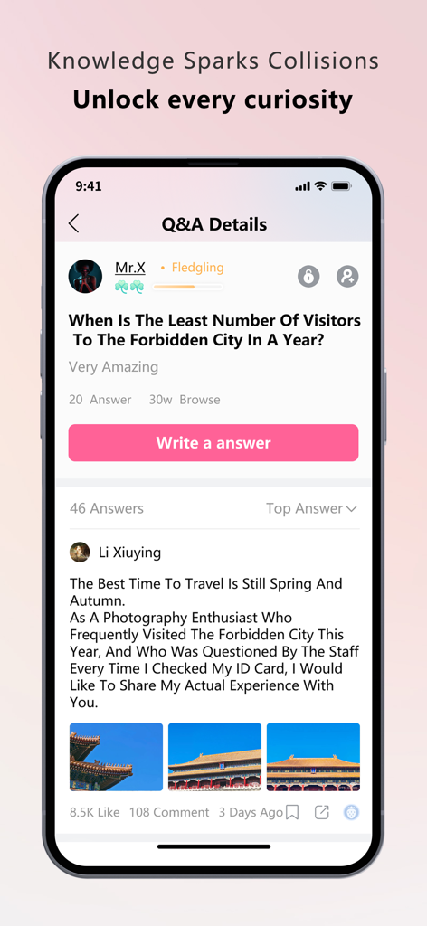 Pantalla de detalles de Q&A de la aplicación SSTT que muestra una discusión comunitaria social sobre la Ciudad Prohibida.