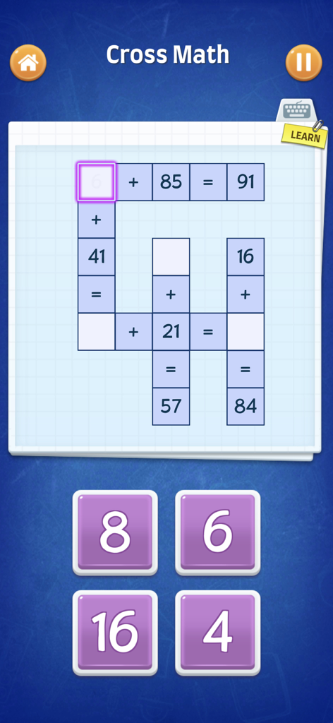 Math Games - Learn + - x ÷ - Un puzzle de calcul croisé de l'application Math Games présentant une grille d'équations et des boutons de réponse à choix multiples.
