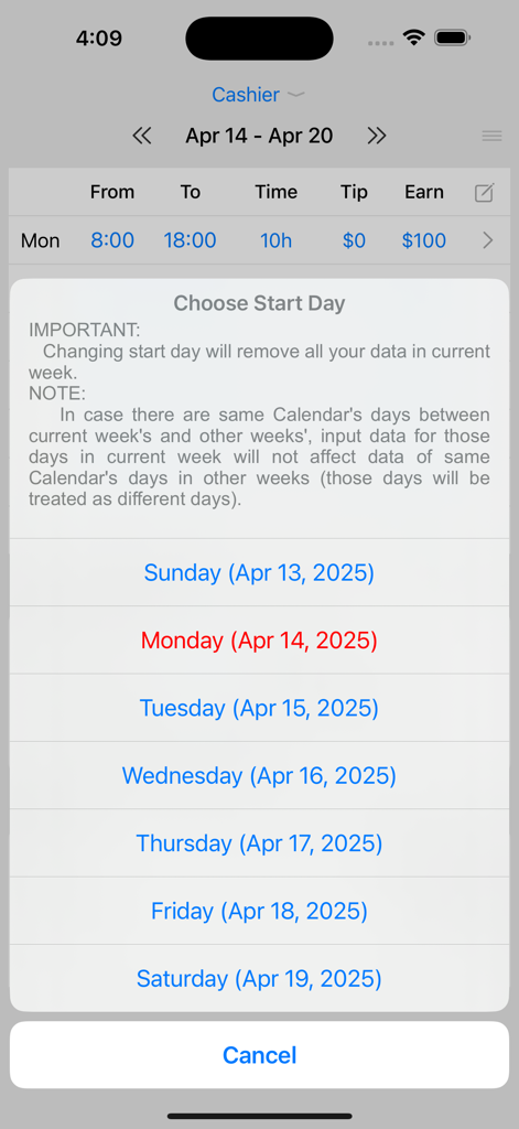 Pantalla de la aplicación móvil que muestra un menú de selección de día de inicio para una semana laboral en una calculadora de salarios y rastreador de horas.