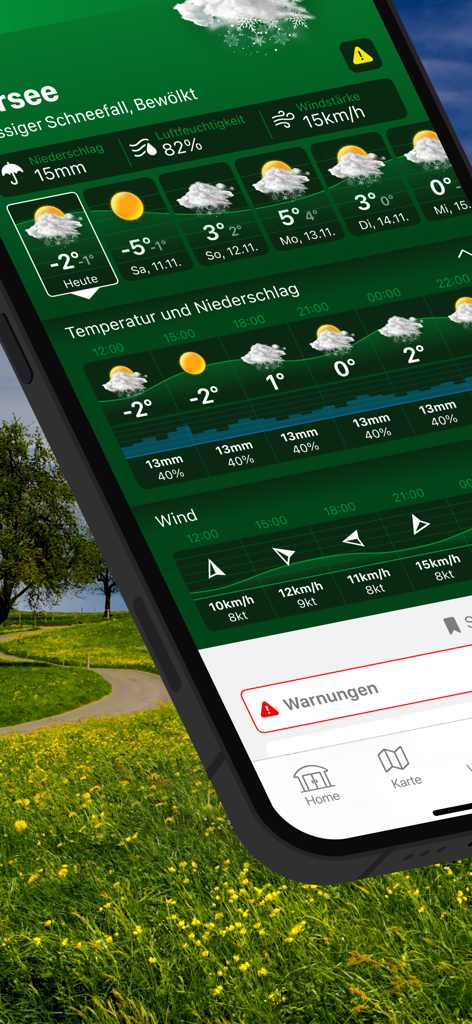 LANDI Wetter - LANDI Wetterアプリのスクリーンショット。スマートフォンに詳細な地域天気予報と風データが表示されています。