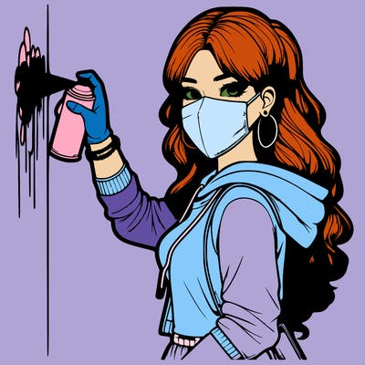 realistic girl with mask spray painting a wall