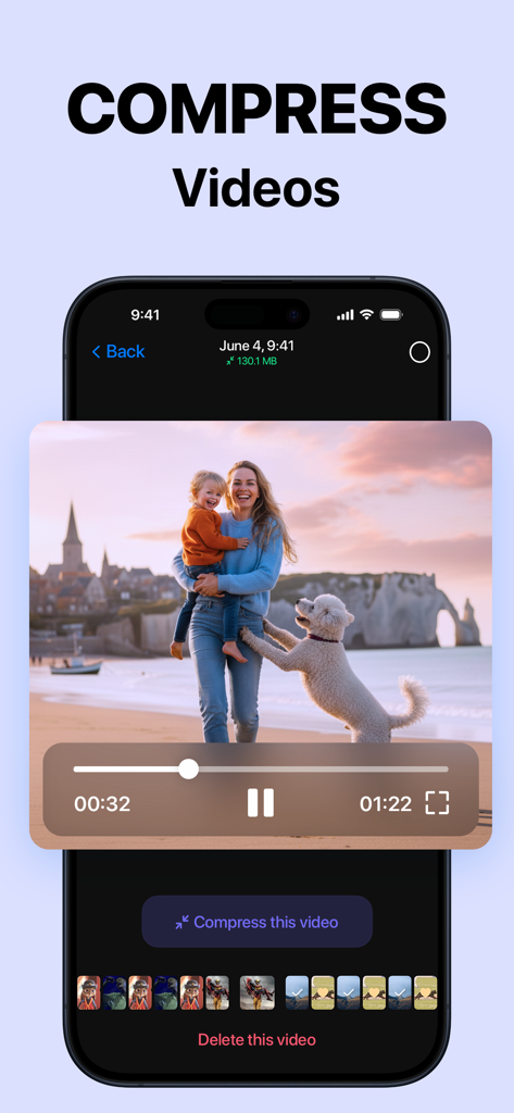 Cleaner Kit app interface showing the video compression feature with a family video preview