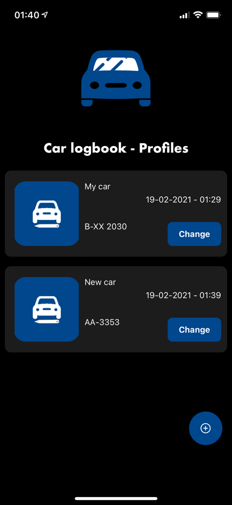 Car Log book App - Car Log book App profile management screen showing multiple vehicle entries