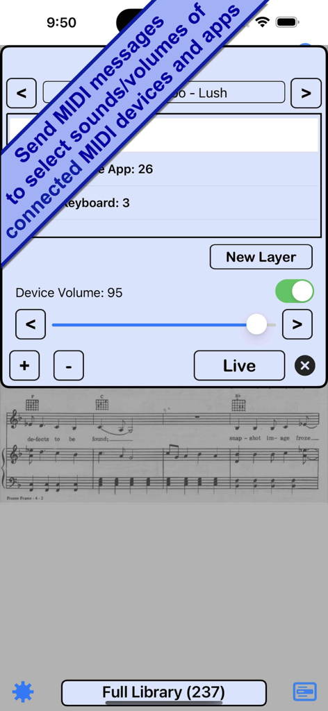 Sheet Show - Interfaz de la aplicación Sheet Show mostrando la configuración de mensajes MIDI y controles de volumen sobre una partitura digital.