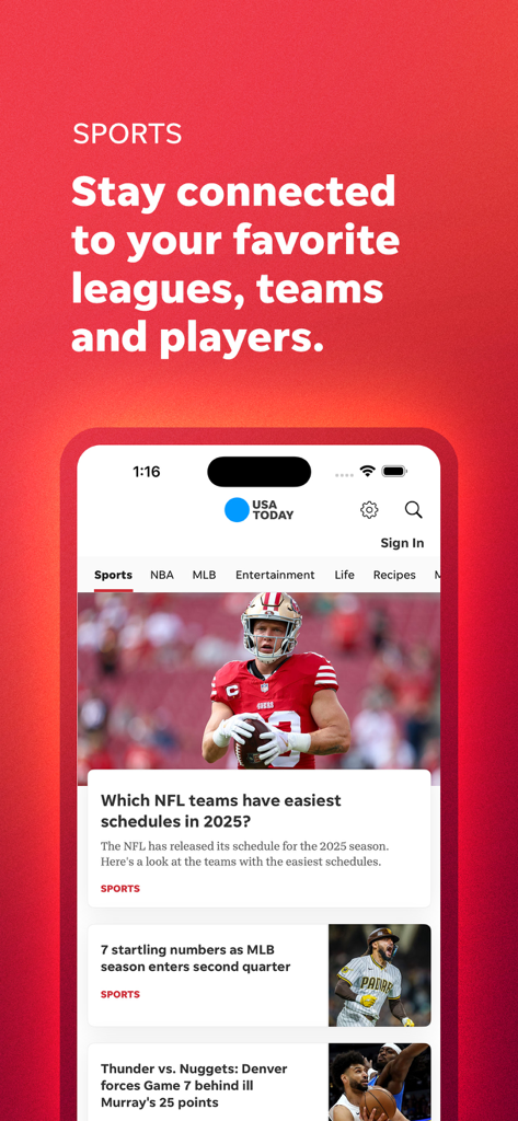 USA TODAY: US & Breaking News - USA TODAYアプリのスポーツニュースセクション。NFLとMLBの見出しが掲載されています。