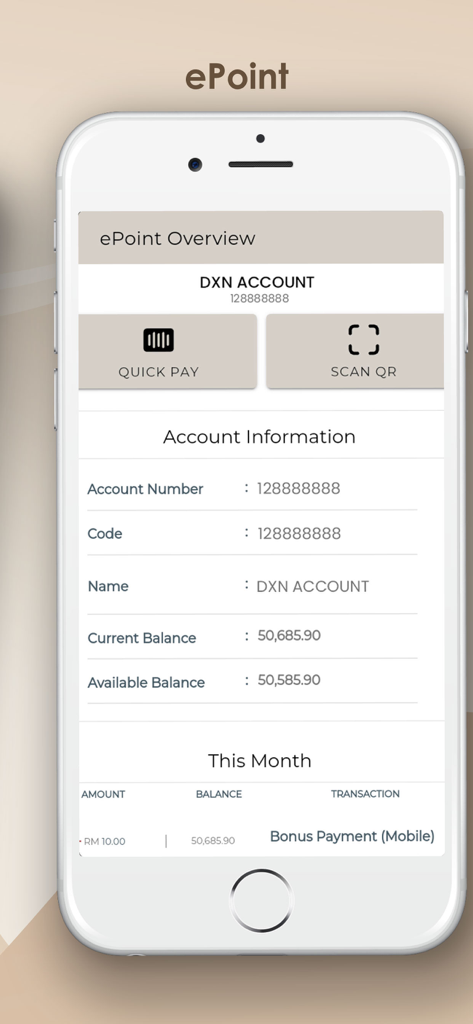 DXN APP ePoint dashboard showing current balance and bonus payment history