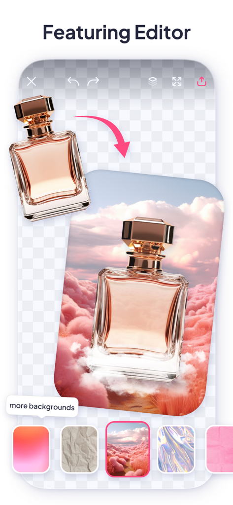 LOOMY app interface showing an aesthetic photo editor with a perfume bottle on a pink cloud background