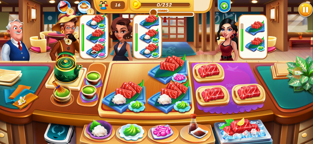 A vibrant gameplay screen from Cooking Tour showing customers at a sushi counter with trays of fresh sashimi and green tea.