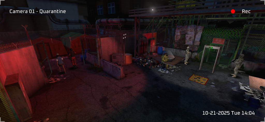 Survival Zone: Zombie Outbreak - Security camera view of a quarantine checkpoint in a zombie survival game