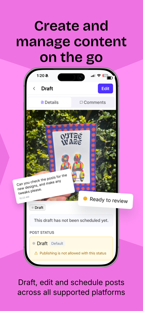 Sked Social - Sked Social mobile app interface showing a draft post ready for review and team collaboration
