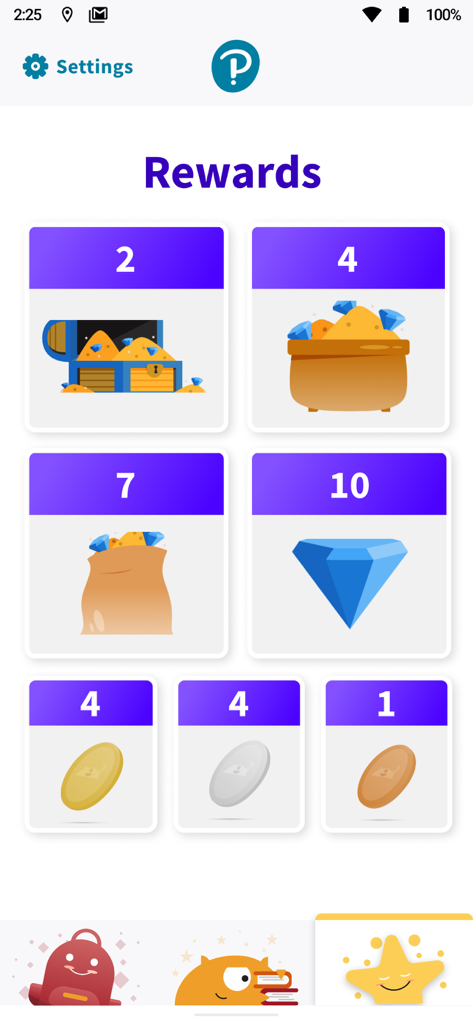 Schermata delle ricompense nell'app Pearson English Portal che mostra varie icone di gemme e monete per la motivazione degli studenti