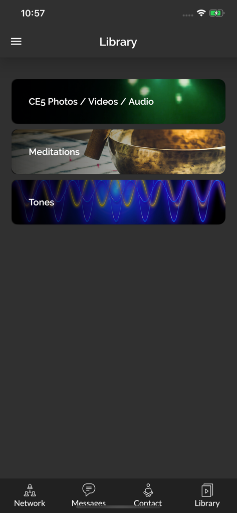 CE5 Contact - Library interface of the CE5 Contact app displaying categories for photos, meditations, and audio tones.