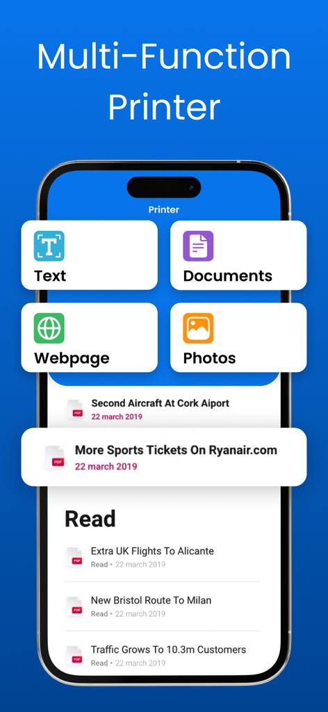 Printer:  Wireless App Prints. - A smartphone showing the main menu of a wireless printer app with options for printing text, documents, webpages, and photos.